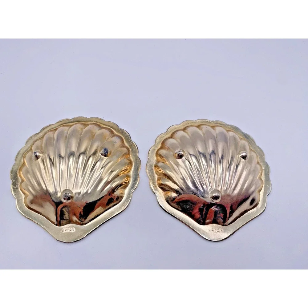 2 Vtg Japan Gold Clam Shell Nut Sauce Trinket Salt Butter Dishes Glass Insert